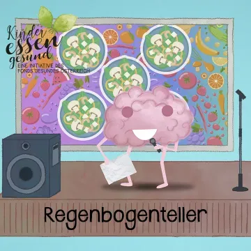 © Gesundheit Österreich GmbH Screenshot des Videos, Brainy singt - im Hintergrund ein bunter Teller