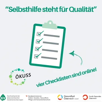 © Gesundheit Österreich GmbH Grafik einer Checkliste, daneben der Hinweis "vier Checklisten sind online". Die Überschrift lautet "Selbsthilfe steht für Qualität".