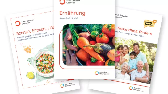 Titelseite Ernährung: © yanadjan / stock.adobe.com; Titelseite Meine Gesundheit fördern: © Monkey Business / stock.adobe.com Titelblätter von drei Printpublikationen des FGÖ